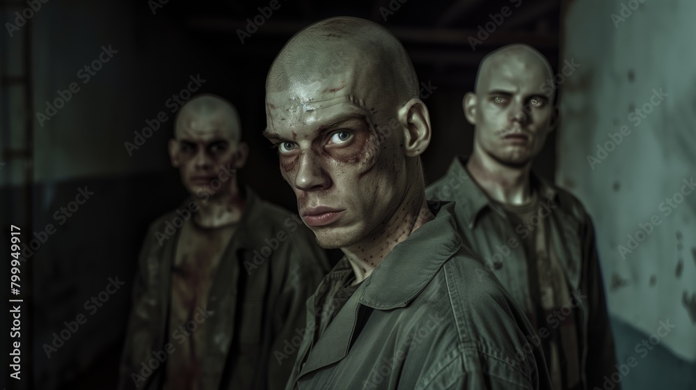 Three ominous men with bald heads and intense expressions stand in a dark setting, depicting a tense, eerie atmosphere.