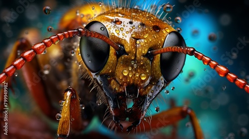 A wasp with water droplets on its head and antennae