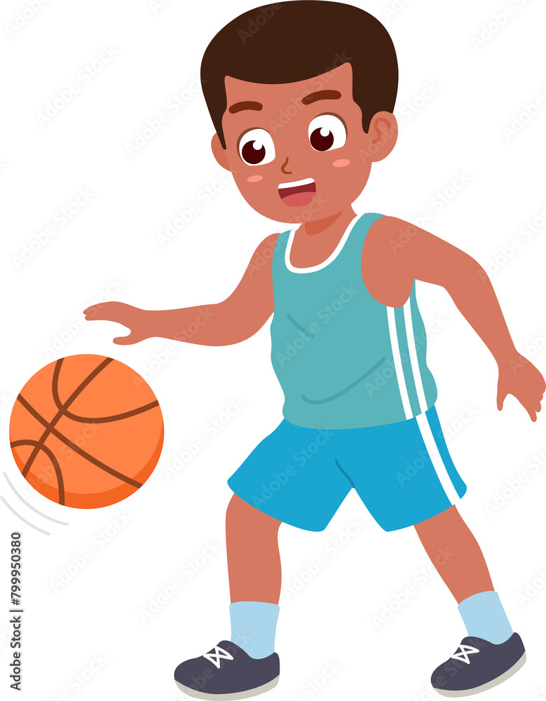 Little boy playing basketball. Cute kids doing outdoor activity. Sport and recreation for exercise in children concept. Flat style.