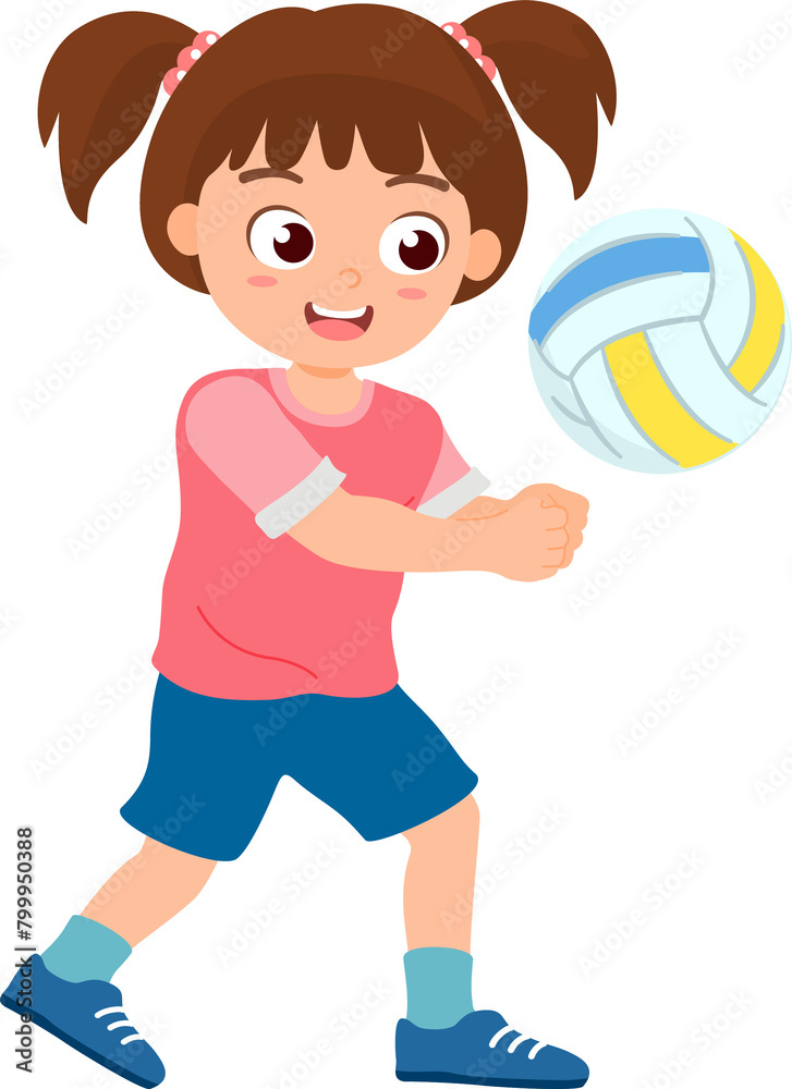 Little girl playing volleyball. Cute kids doing outdoor activity. Sport and recreation for exercise in children concept. Flat style. Little girl playing volleyball. Cute kids doing outdoor activity. Sport and recreation for exercise in children concept. Flat style.