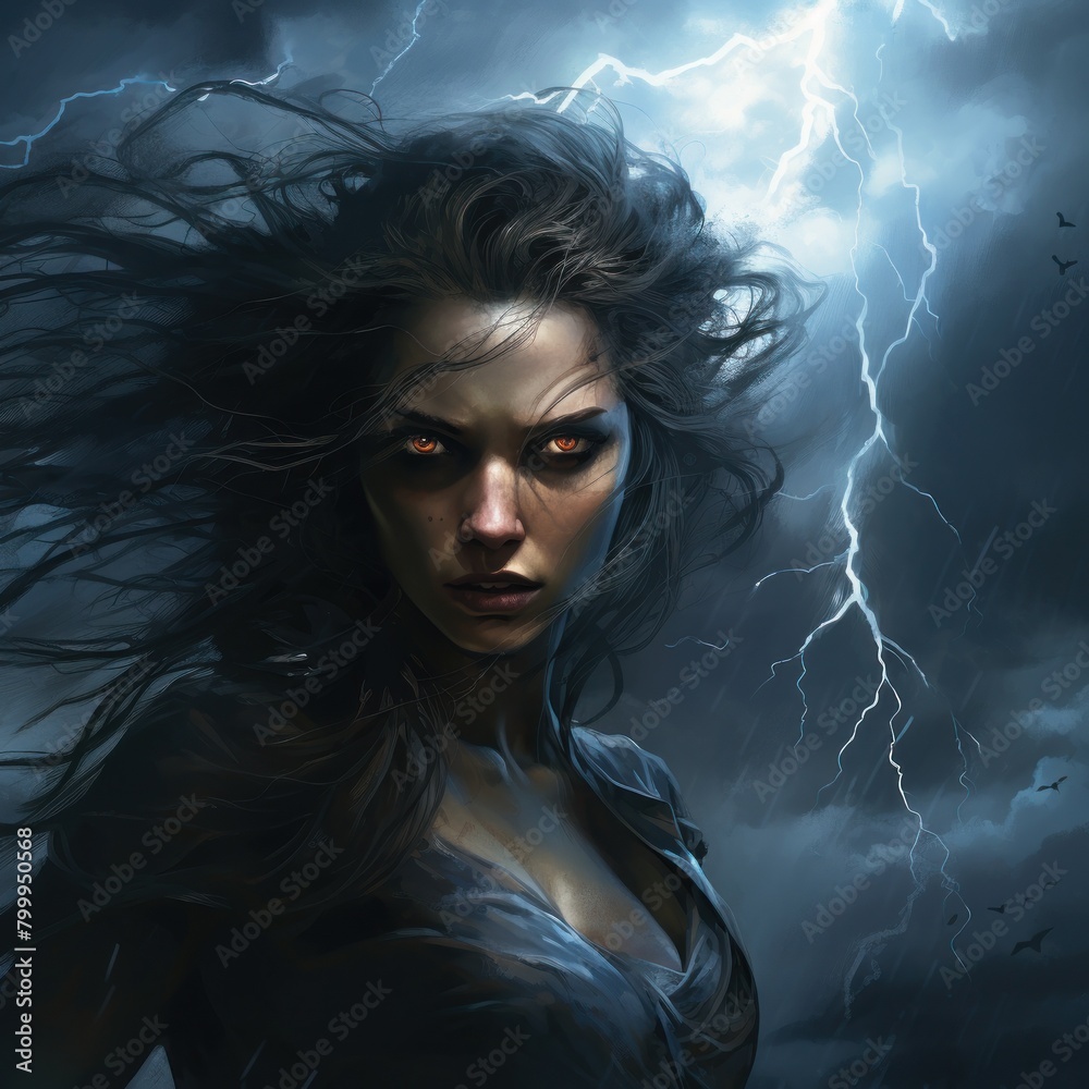 Powerful female figure in stormy weather