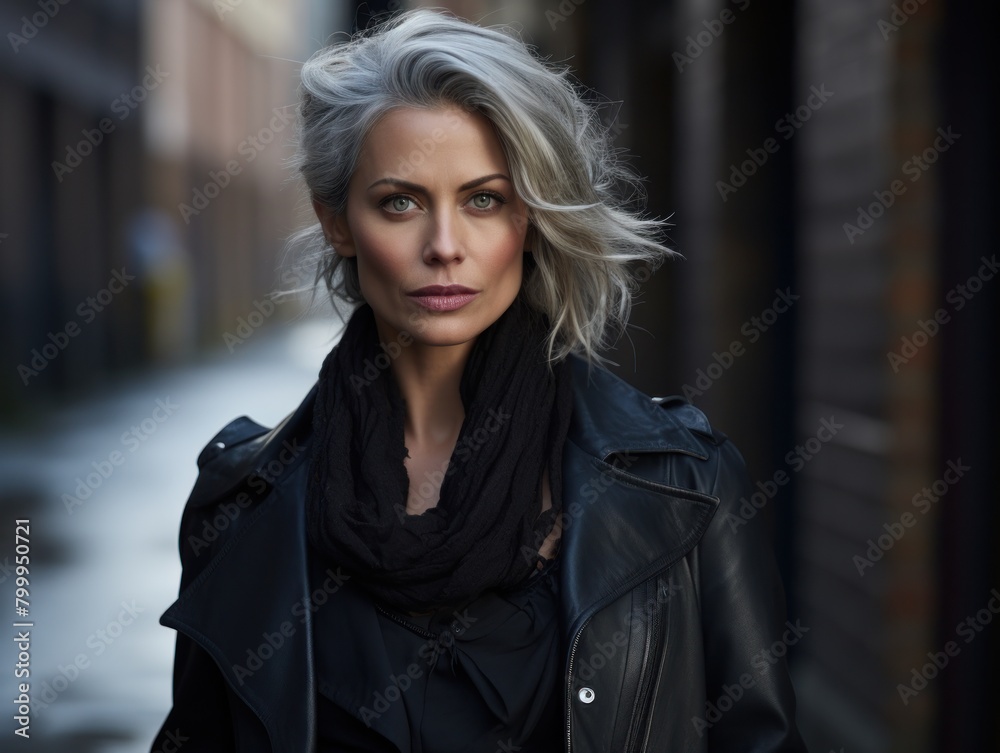 Stylish woman with gray hair in a black coat