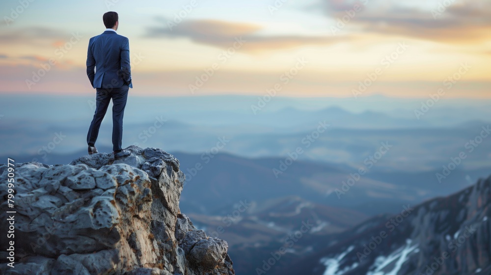 A businessman stands on a rocky peak overlooking a beautiful mountainous landscape at sunset. A businessman stands on a rocky peak overlooking a beautiful mountainous landscape at sunset.