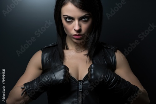 Fierce and Confident Woman in Leather Jacket