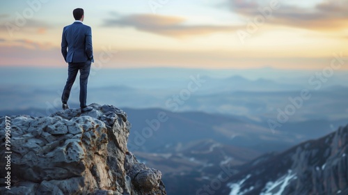 A businessman stands on a rocky peak overlooking a beautiful mountainous landscape at sunset.
