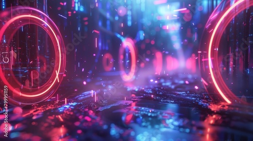 Vibrant backdrop featuring glowing circles and neon lights. Perfect for futuristic designs. 