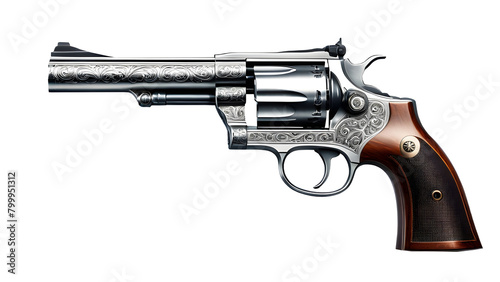 Vintage revolver isolated on pure white background with metallic sheen and distinct engraving. Transparent background.