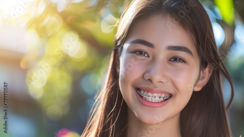 Close-up portrait of a smiling young Asian girl with braces in natural light.