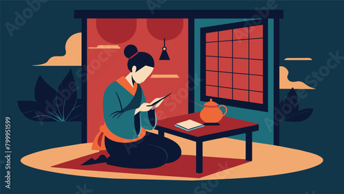 A lone writer sat in the corner of the tea house scribbling down notes as she listened to a heated discussion about the true purpose of art.. Vector illustration