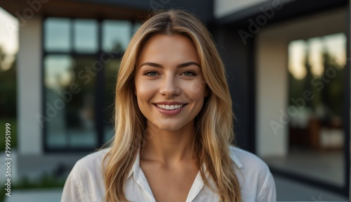 caucasian woman smiling looking at camera portrait with modern luxury house background from Generative AI