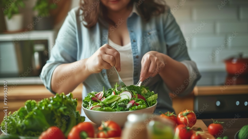 Close-up of a woman in a kitchen mixing fresh vegetables in a salad bowl. Close-up of a woman in a kitchen mixing fresh vegetables in a salad bowl.