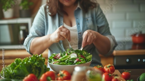 Close-up of a woman in a kitchen mixing fresh vegetables in a salad bowl.