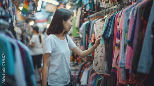 Young Asian woman browsing through clothing at a vibrant street market stall. photo