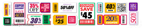 Discount coupon and voucher collection colorful featuring various savings and QR codes, ideal for promotions and sales
