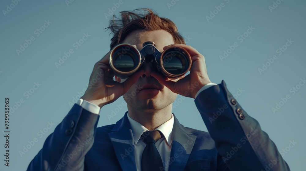 Professional man in a suit using binoculars against a clear blue sky background.