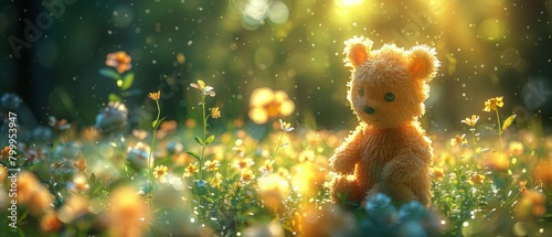 Teddy bear sitting in the meadow with flowers and sunlight. Banner with space for text © VAshowcase