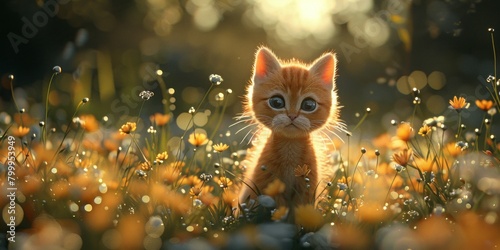 Cute ginger kitten in the meadow with flowers at sunset © VAshowcase