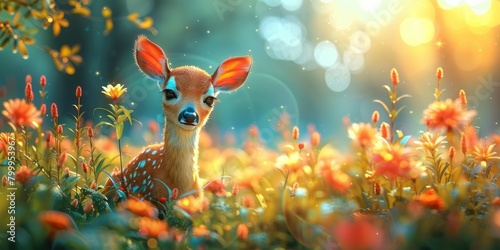 Fawn in the meadow with flowers. Banner with space for text