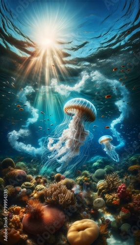Vibrant underwater scene with jellyfish and coral reef under sunlit water marine life and natural beauty themes.