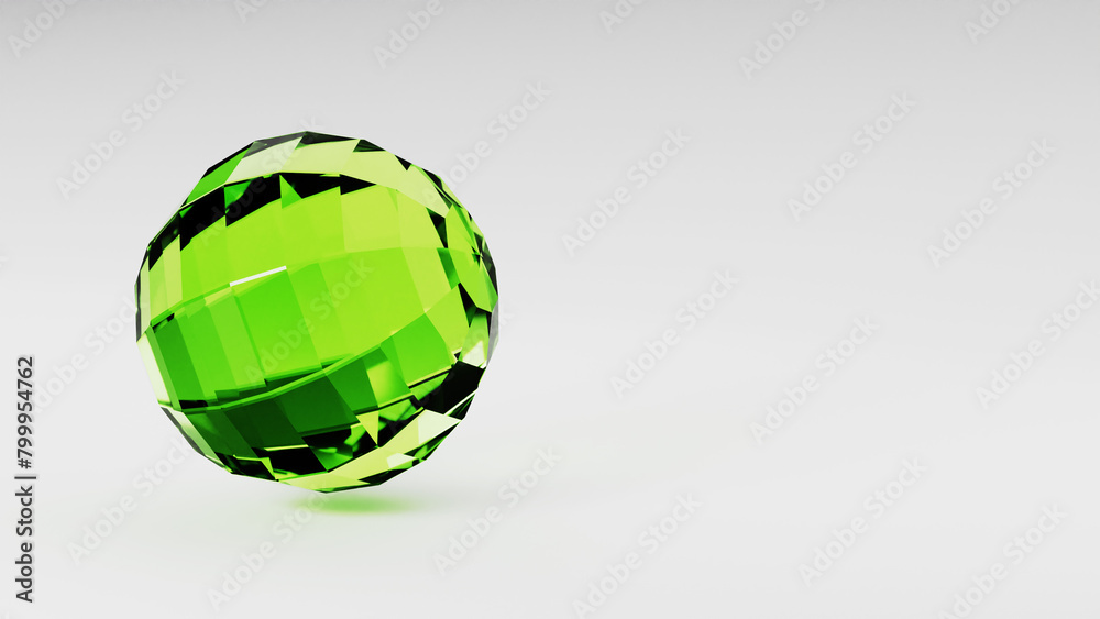 Fototapeta premium A green ball is swirling in circles on a white table, resembling a paperweight on a desk. It looks like a liquid inside a glass, with reflections like eyewear or sunglasses