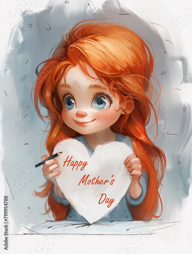 An adorable red-haired child with big blue eyes holds a heart-shaped "Happy Mother's Day" card, radiating joy and love