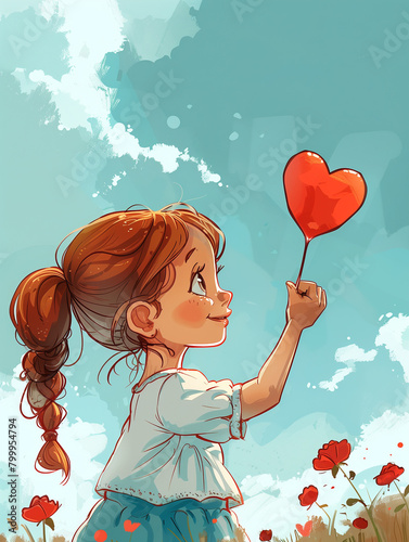 A cheerful little girl with a braid, holding up a heart-shaped balloon, stands in a field of flowers under a sunny sky