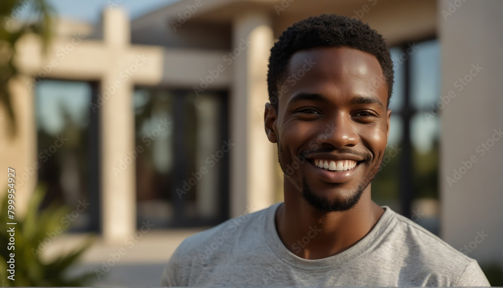 african guy smiling looking at camera portrait with modern luxury house background from Generative AI