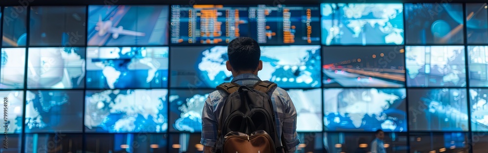 Solo Traveler Contemplating Airport Flight Schedule Solo Traveler Contemplating Airport Flight Schedule