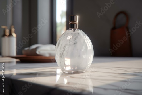 Elegant marble pattern perfume bottle on a modern bathroom counter, highlighted by natural sunlight luxury branding and d cor themes.