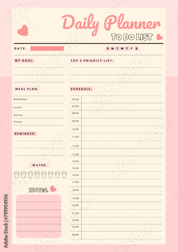 Daily planner in soft pink color, planner for every day, illustration of an background
