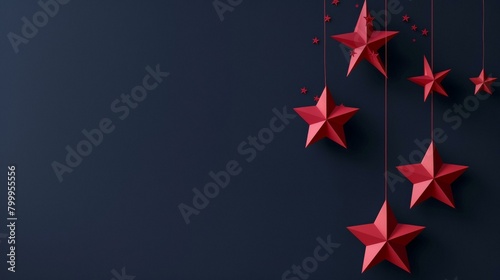 Vibrant red star decorations on dark blue background 4th of July themes in ads or social media. Modern, minimalist appeal.