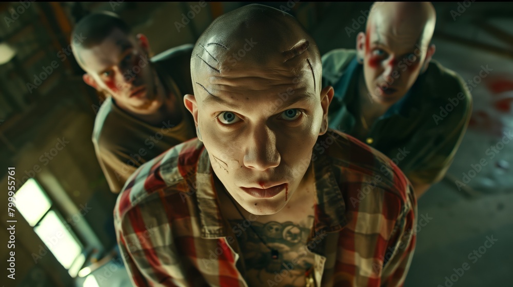 Three intense men with dramatic facial makeup stare down the camera in a gritty, industrial setting. Three intense men with dramatic facial makeup stare down the camera in a gritty, industrial setting.