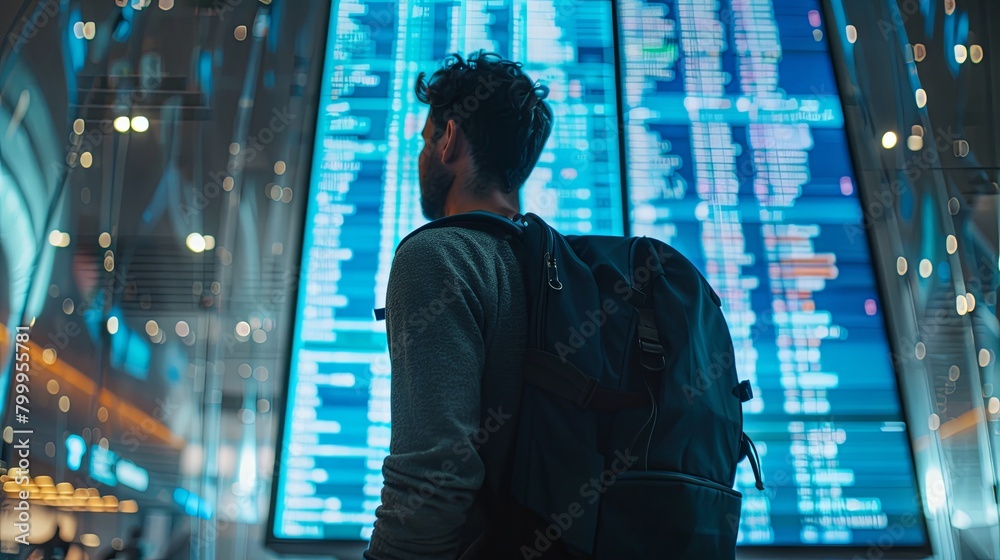 Fototapeta premium Solo Traveler Contemplating Airport Flight Schedule