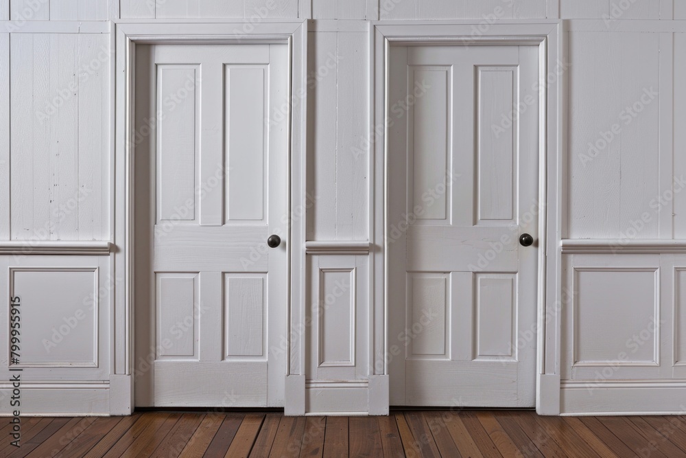 Closed Office Doors. Two White Doors on a Wooden Floor Against a White Wall