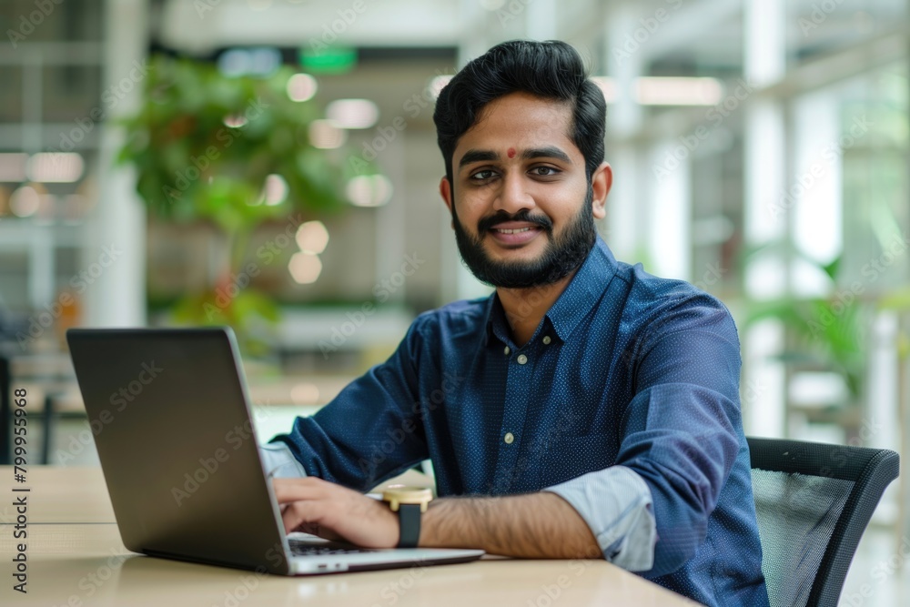 Men Laptop. Smiling Indian Businessman Working in Modern Office, Student Remote Studying Online with Computer Men Laptop. Smiling Indian Businessman Working in Modern Office, Student Remote Studying Online with Computer