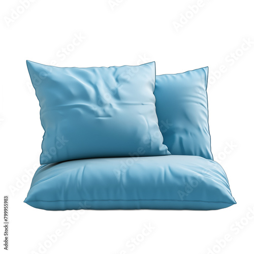 Two soft blue pillows isolated on white background 3d rendering of bedding