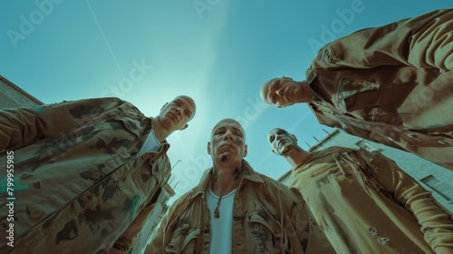 Low angle view of four bald men dressed in camouflaged military jackets looking down into the camera. photo