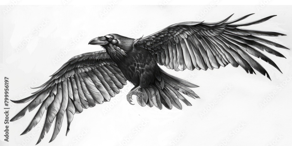 Fototapeta premium Wing Drawing. Raven Bird Artwork in Flight with Dark Tattoo Design