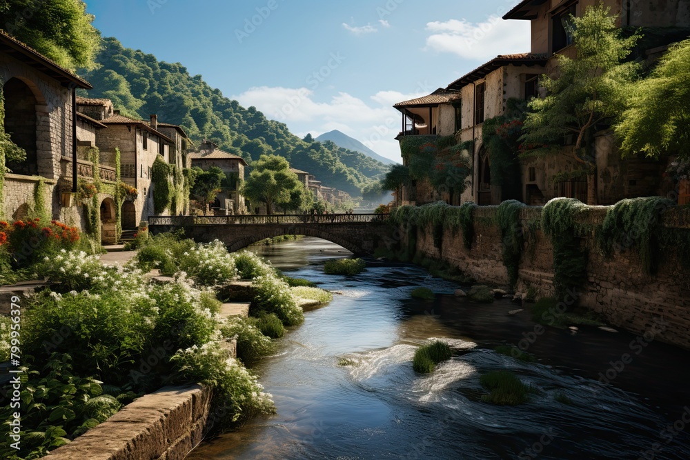 Landscape of Italy. Small town with a river running through it. The houses are old and the bridge is made of stone. The river is calm and the water is clear. Generative AI Art. Beautiful view.