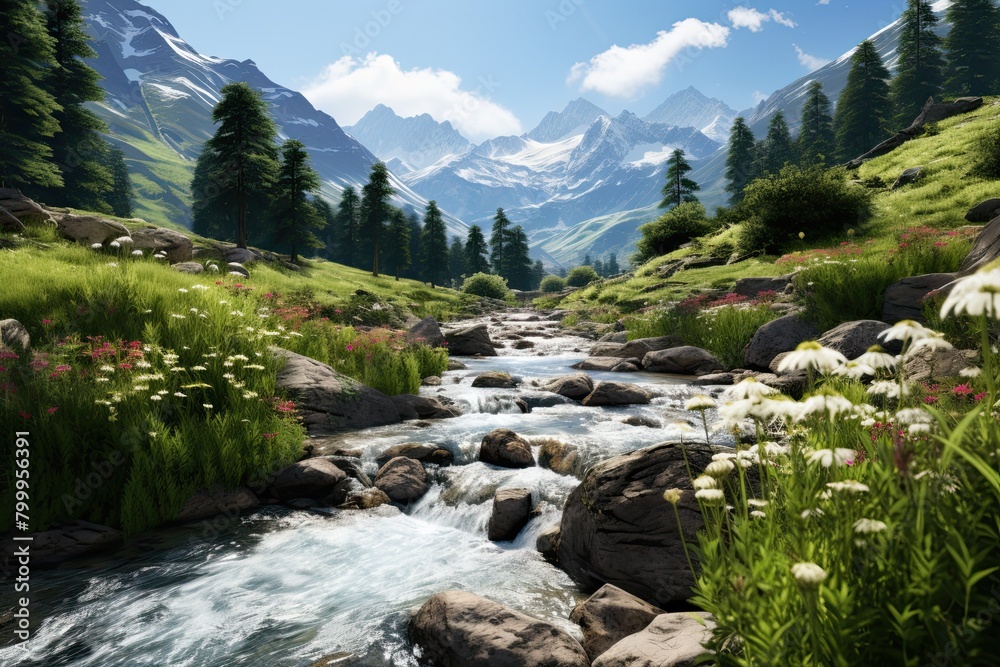 Landscape of Italy. River with a green valley. The water is clear and calm. The trees along the river are tall and lush. Generative AI Art. Beautiful view.