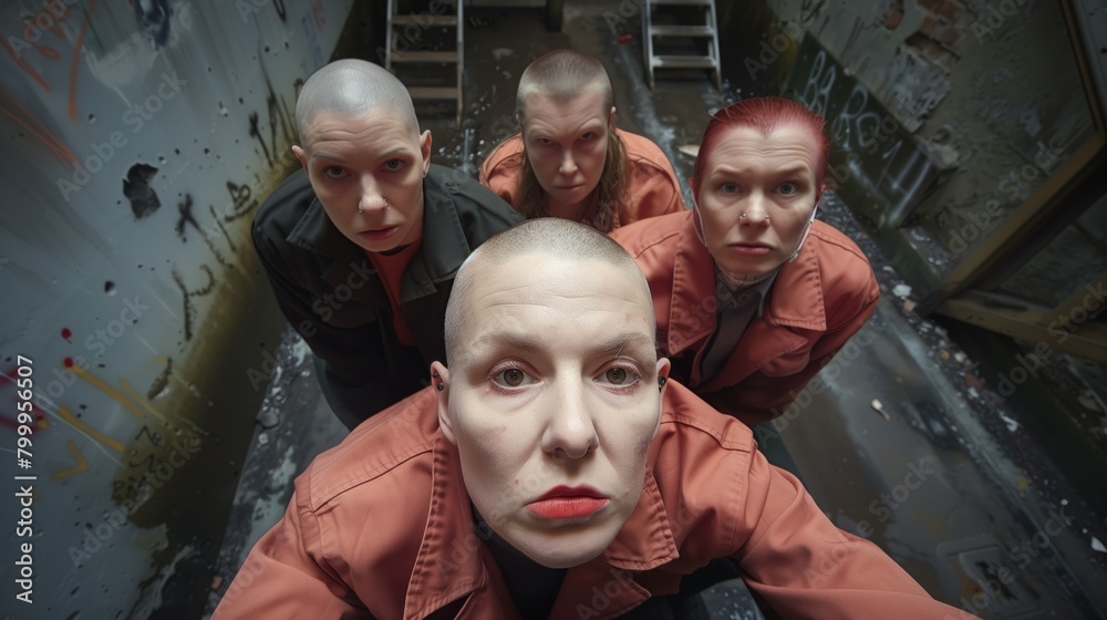 Four bald women in orange jackets look intensely into the camera in a graffiti-covered alley.
