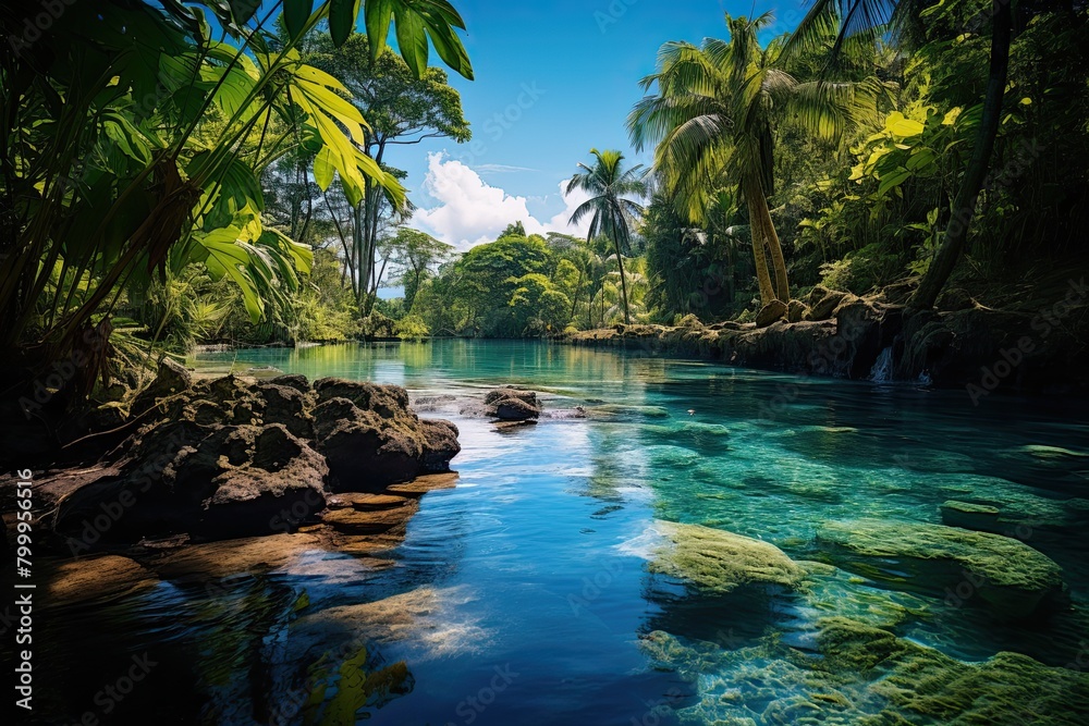 Nature of Jamaica. River with crystal clear blue water in the jungle. Sky is blue. Generative AI Art. Nature of Jamaica. River with crystal clear blue water in the jungle. Sky is blue. Generative AI Art.