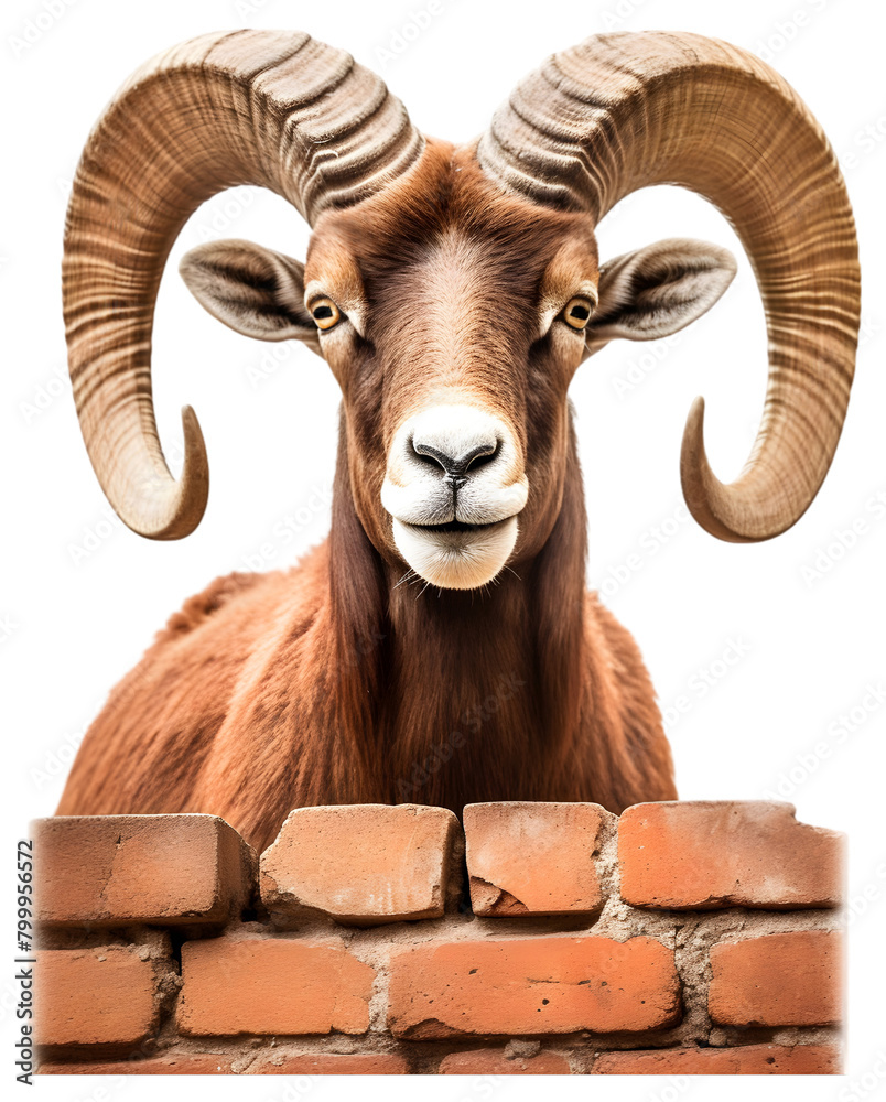 A male mouflon with large horns stands behind the stone wall. Wld sheep illustration on the transparent background.
A male mouflon with large horns stands behind the stone wall. Wld sheep illustration on the transparent background.