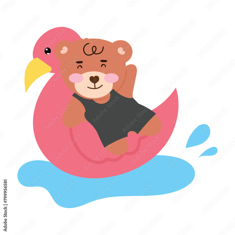 Fototapeta premium kawaii happy bear on summer season. swimming, eat watermelon, summer vacation