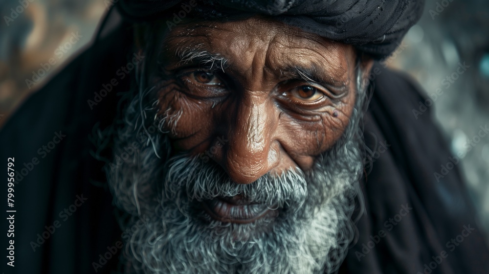 Close-up portrait of an elderly man with deep wrinkles, a thick white beard, and intense eyes, wearing a black turban. Close-up portrait of an elderly man with deep wrinkles, a thick white beard, and intense eyes, wearing a black turban.