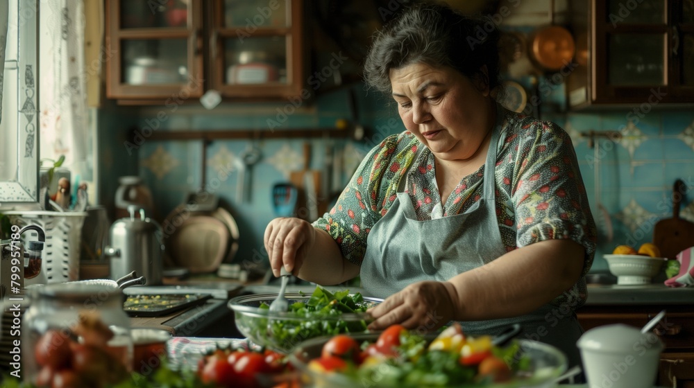 A middle-aged woman preparing a fresh salad in a cozy, vintage kitchen setting.
