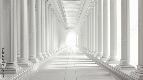 Symmetrical row of white columns in hallway creates an atmospheric art piece