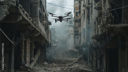 A drone operating in an urban warzone navigating amongst crumbling buildings and narrow alleyways