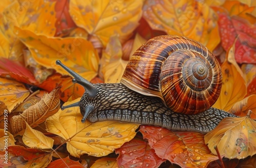 A close-up of a snail with a glowing brown shell, traversing a bed of colorful autumn leaves, evoking a sense of slow movement and seasonal change photo