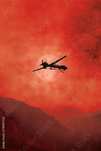 A lone drone flying against a backdrop of a blood-red sunset symbolizing the desolation of war